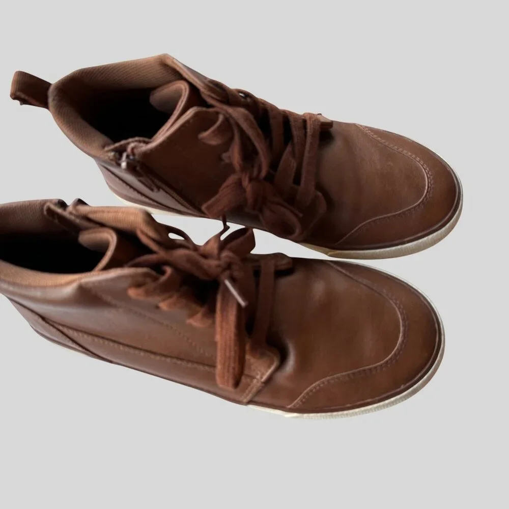 Boys Brown Faux Leather High-Top Sneakers With Side Zipper & Lace-Up Size 5
